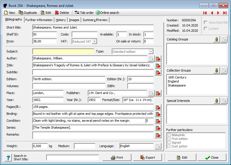 Keep the overview: The input form shows all bibliographic descriptions of your books. It is Juliet’s heart.