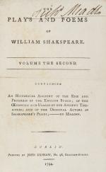 [Shakespeare, William] – Rare Edmond Malone Edition (Dublin 1794) – The Plays and Poems of William Shakspeare [sic], in Sixteen Volumes [15 Volumes only since Volume 9 is missing]