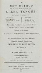 Claude Lancelot /  Thomas Nugent, A New Method of learning with facility the Greek Tongue